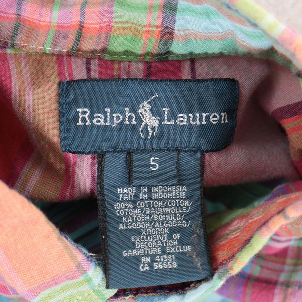 Ralph Lauren Button Down Shirt Boys 5 Plaid Madras Long Sleeve Cotton Preppy